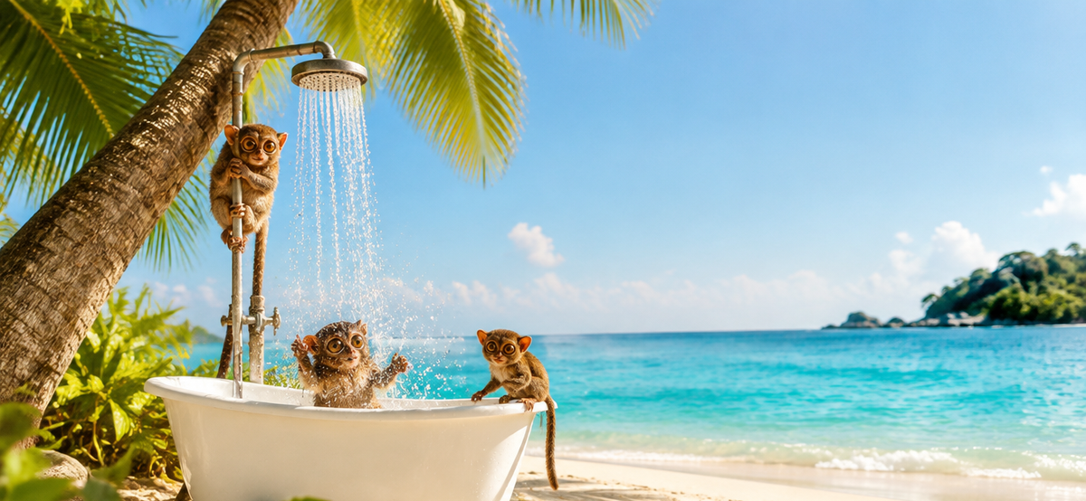Tropical island bathroom scene with tarsier monkeys (cropped, upper focus)